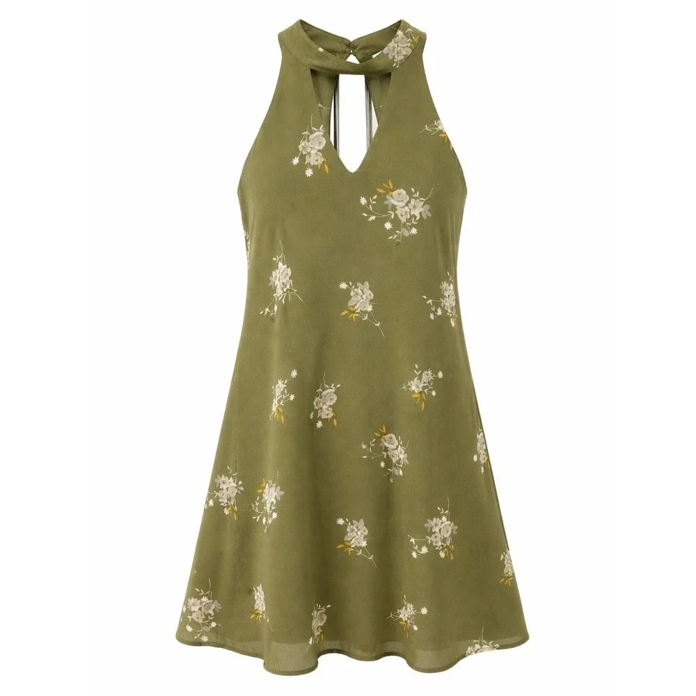Miami Womens XS Olive Green Floral High Neck Cutout Sleeveless Dress Cottagecore